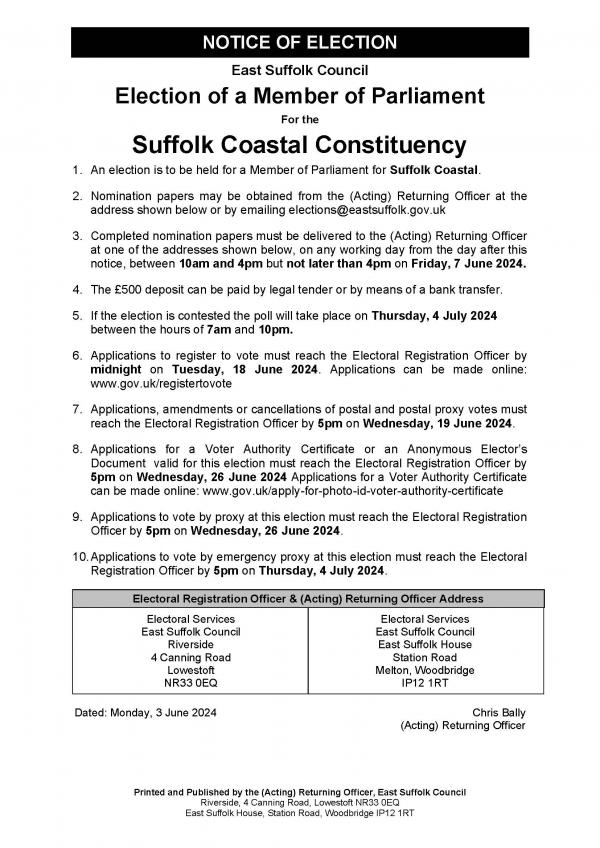 Parliamentary Notice of Election Suffolk Coastal Constituency